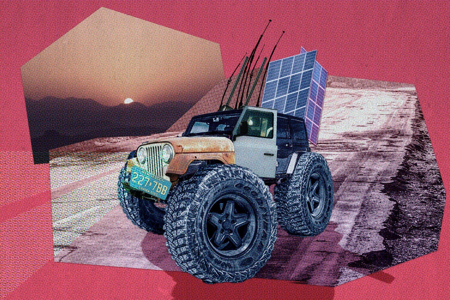 A giant truck with solar panels folded at the rear drives on a ruined road.