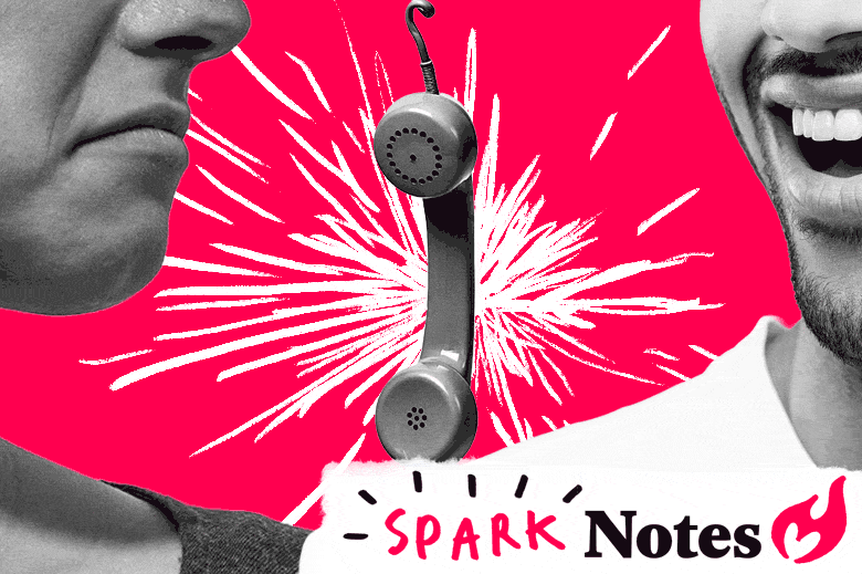 A close-up of a woman's face scowling or frowning or looking upset with a close up of a man's face smiling with a phone in the background. 