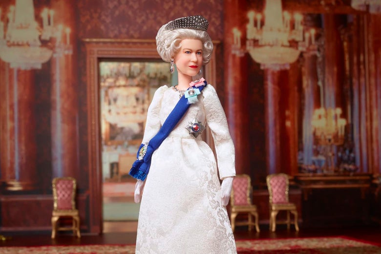 A Queen Elizabeth doll by Mattel in a royal ballroom.