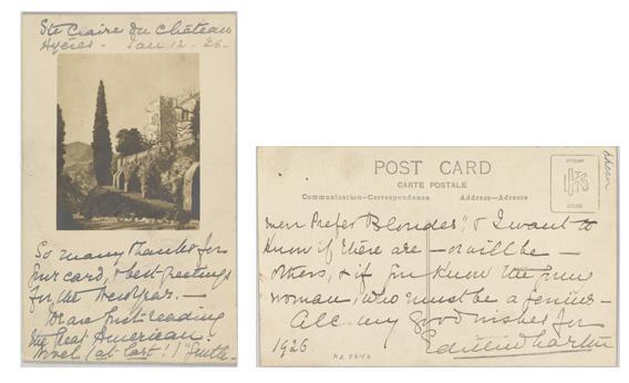 Postcard from Edith Wharton to Frank Crowninshield, 12 January 1926.