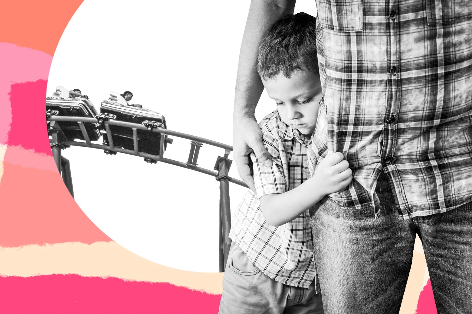 Photo illustration of a roller coaster behind a scared boy clinging to his father.