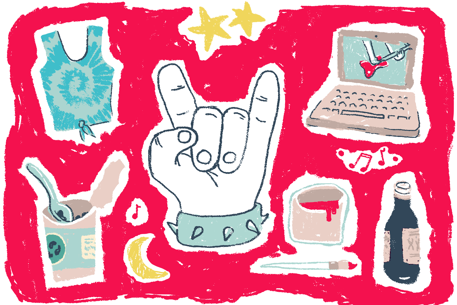 Collage of rock festival items.