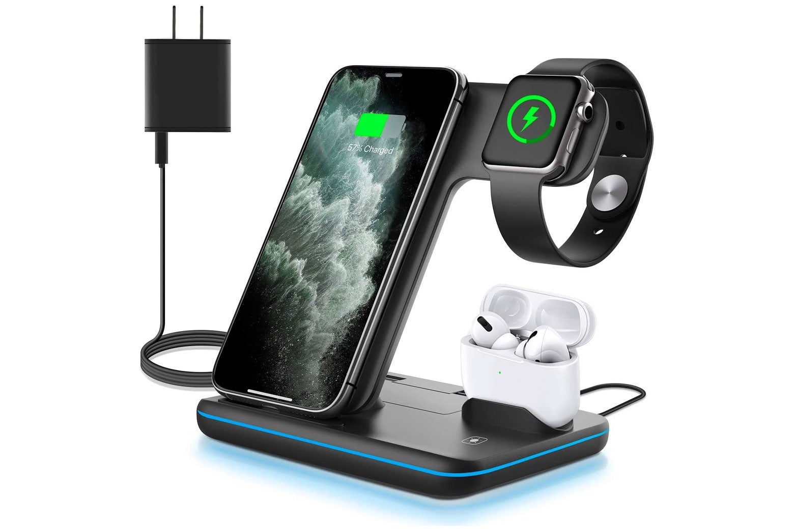 Charging stand with iPhone, Apple Watch, and AirPods docked in it