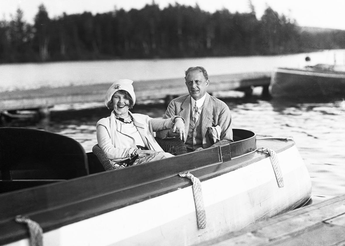 Photo shows Edward W. Browning wealthy Manhattan realtor as he appeared with his wife, Peaches, seated in their motor launch.