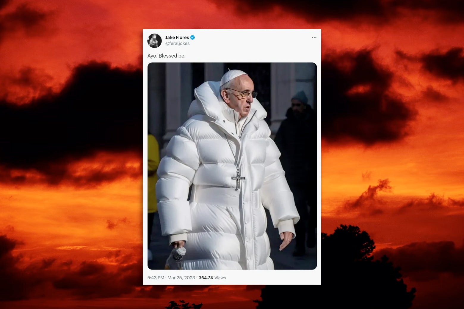 An A.I.-generated image of Pope Francis wearing a white puffy Balenciaga coat. It's embedded in a tweet, which appears atop a hellish background.
