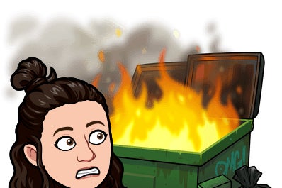A bitmoji looks on in horror at a dumpster fire.
