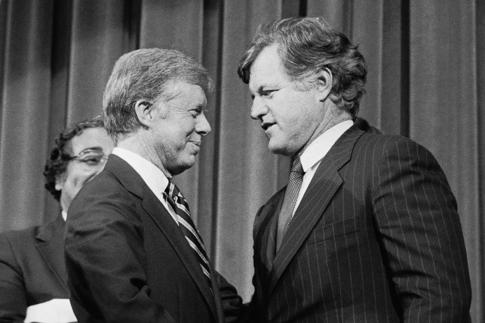 President Carter and Sen. Edward Kennedy shake hands circa 1980. 