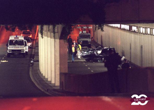 Police investigate the crash that killed Princess Diana in Paris on Aug. 31, 1997.
