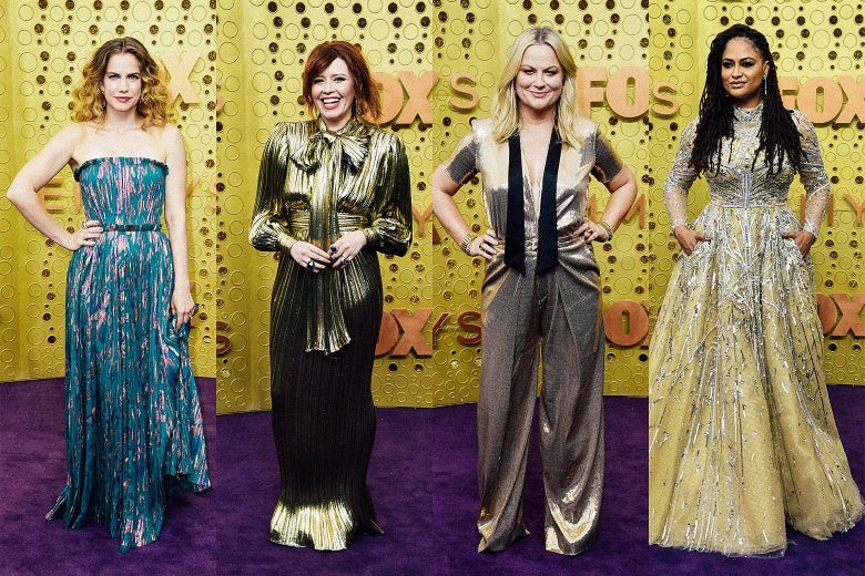 Anna Chlumsky, Natasha Lyonne, Amy Poehler, and Ava Duvernay on the Emmys red carpet.