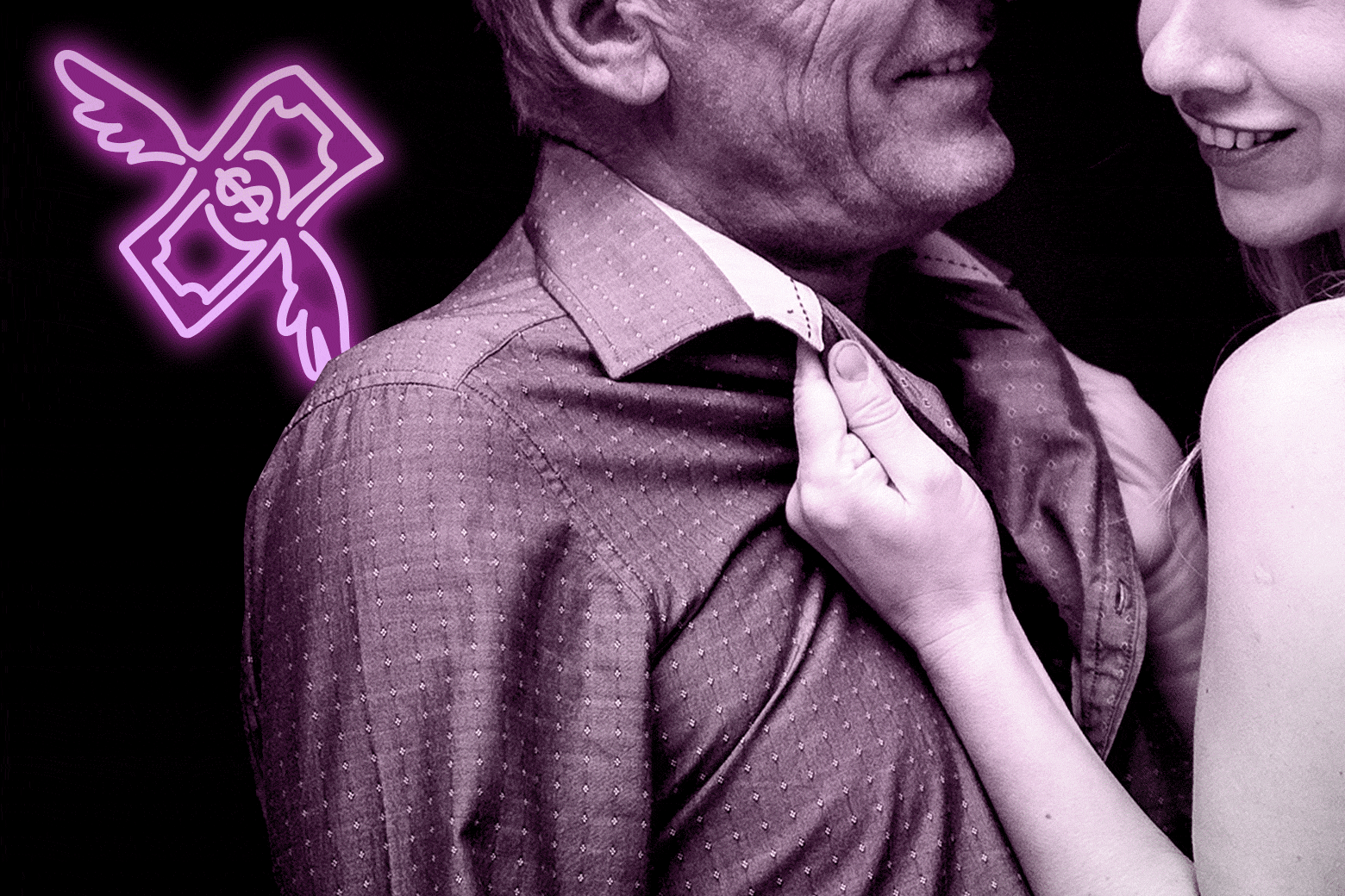 An older man and younger woman flirting with a neon dollar sign flying in neon.
