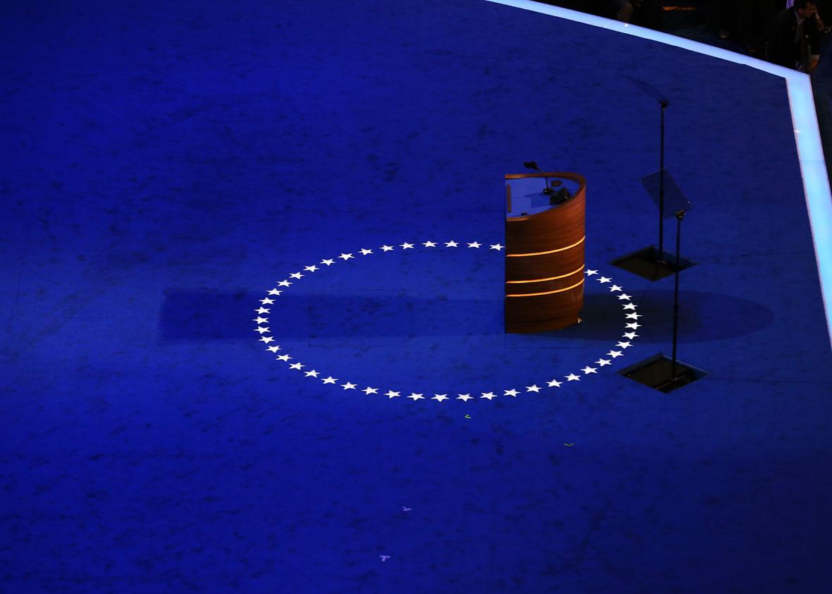 The podium stands empty on stage during preparations for the Democratic National Convention