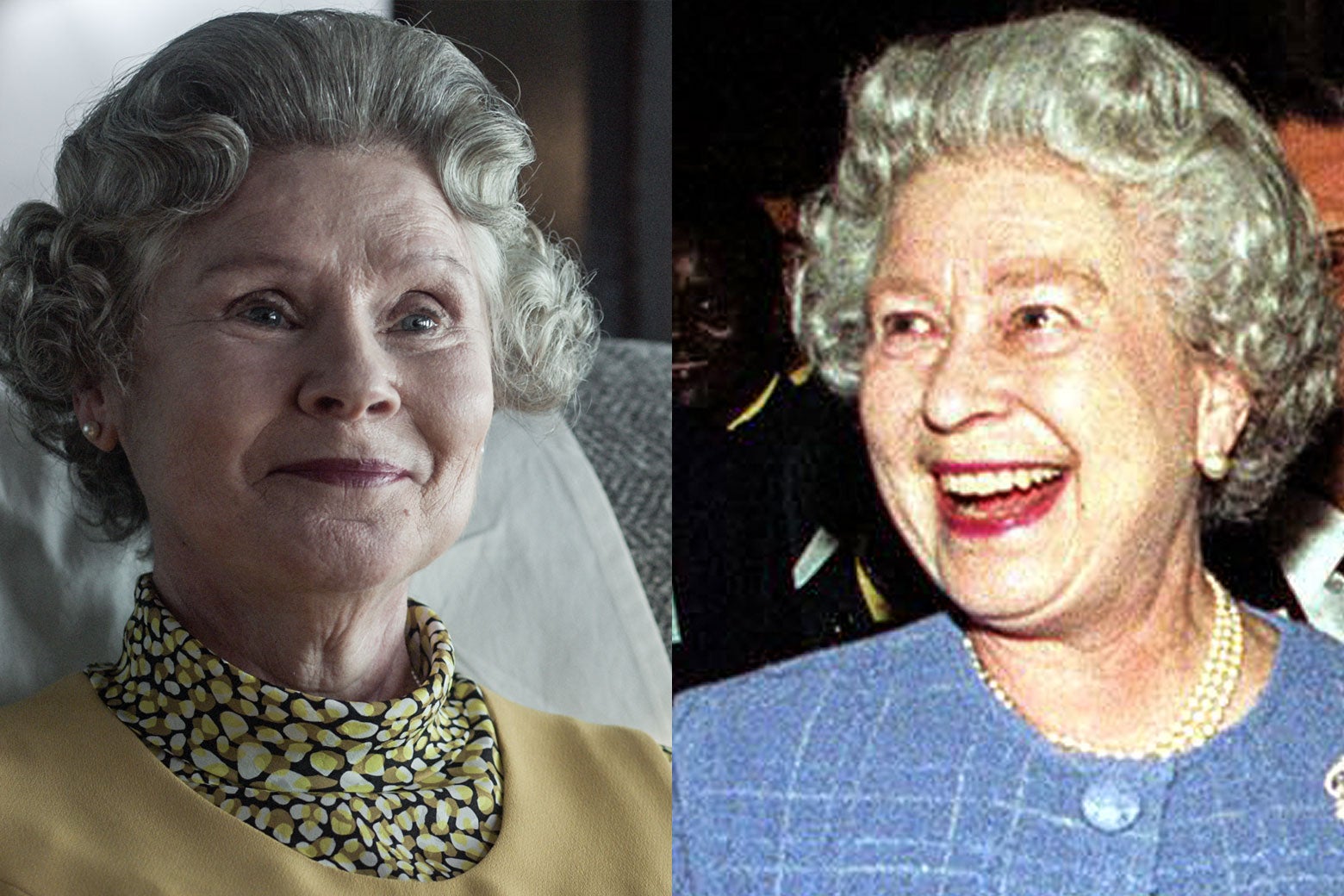 Left: Imelda Staunton as Elizabeth II. Right: Elizabeth II.