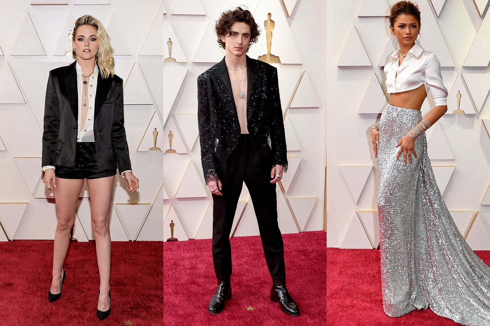 Kristen Stewart, Timothée Chalamet, and Zendaya on the Oscars red carpet.