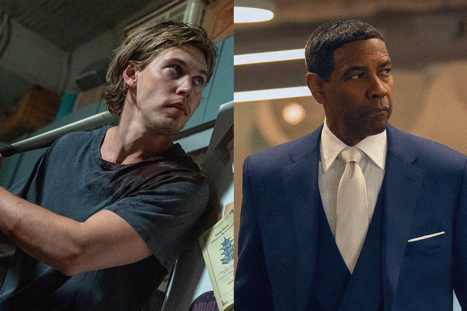Austin Butler elinde sopayla, Denzel Washington ise mavi takım elbisesiyle metanetle ayakta duruyor.
