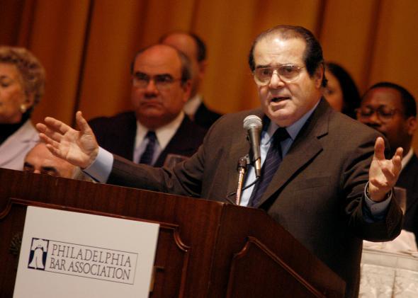 Plaintiff Antonin Scalia addresses the Philadelphia Bar Association during a luncheon on April 29, 2004