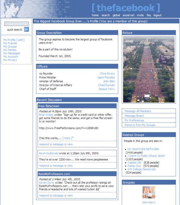 Facebook Groups page from 2005