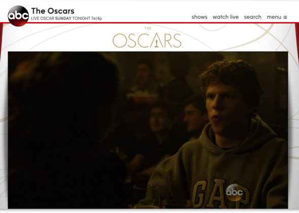 At least twice in the course of the Oscars, ABC accidentally switched online viewers to The Social Network and other unrelated programming. 