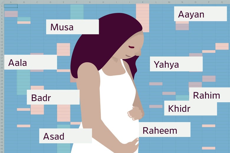Illustration of a pregnant woman holding her belly surrounded by Muslim names on a background of a color-coded spreadsheet