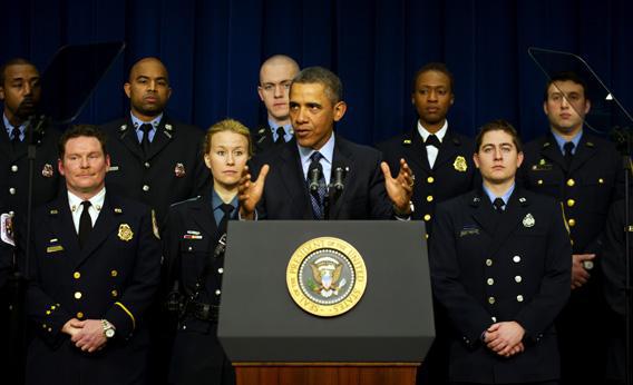 President Barack Obama delivers remarks on the sequestration- joined by emergency responders.