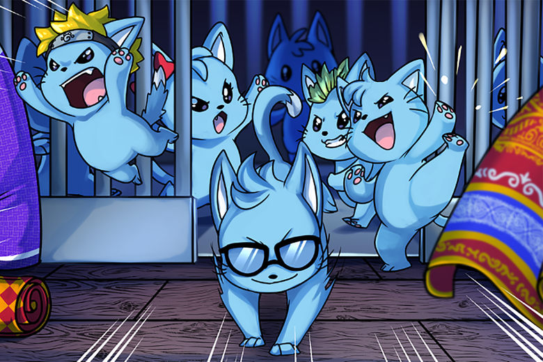 Blue cartoon cats breaking out of jail.
