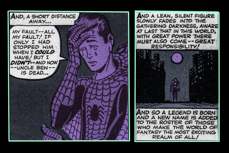 The comic panels of Spider-Man grieving Uncle Ben