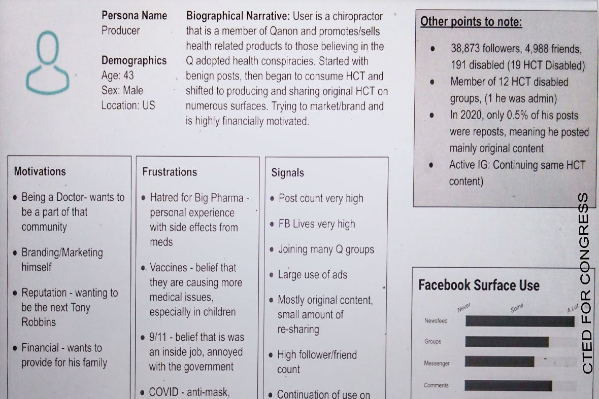 A slide from the internal Facebook presentation outlining the chiropractor's demographic information and Facebook profile