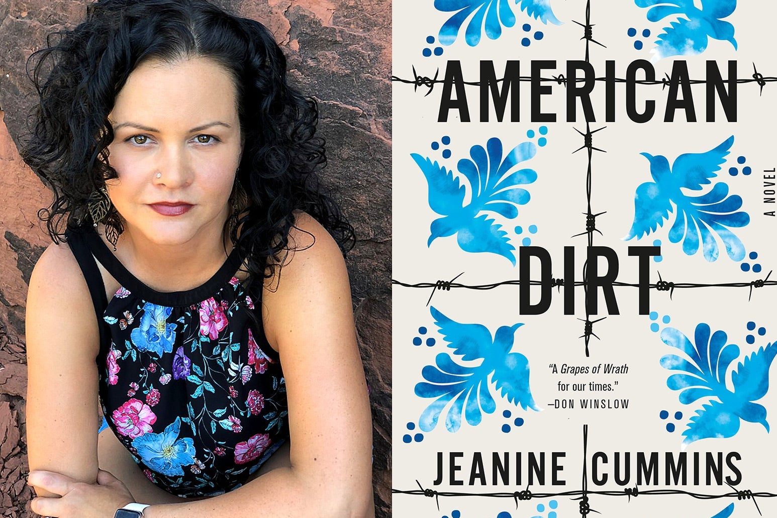A headshot of Jeanine Cummins next to the cover of American Dirt.