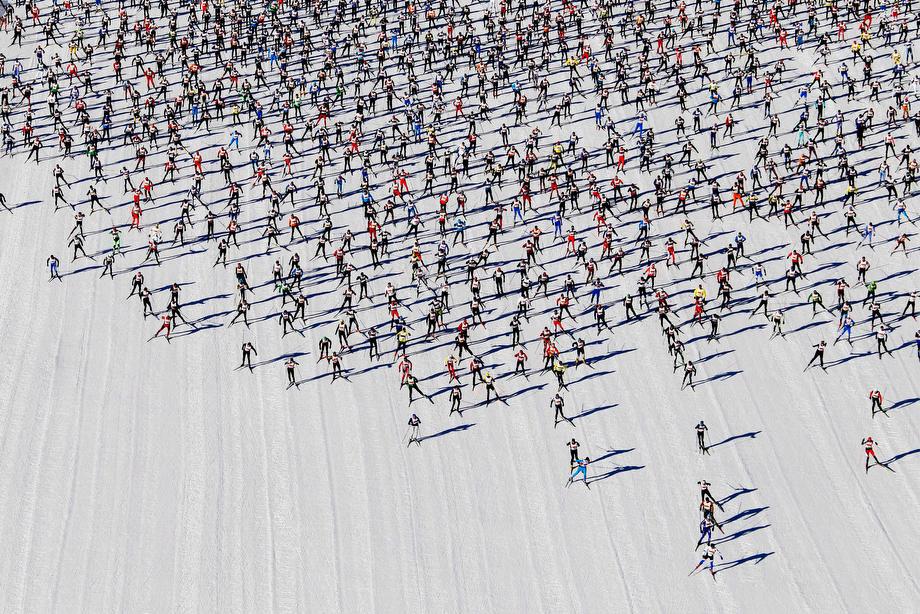 Cross-country skiers start during the Engadin Ski Marathon on the frozen Lake Sils near the village of Maloja on March 10, 2013. More than 12,000 skiers participated in the 26.2-mile race between Maloja and S-chanf near the Swiss mountain resort of St. Moritz.
