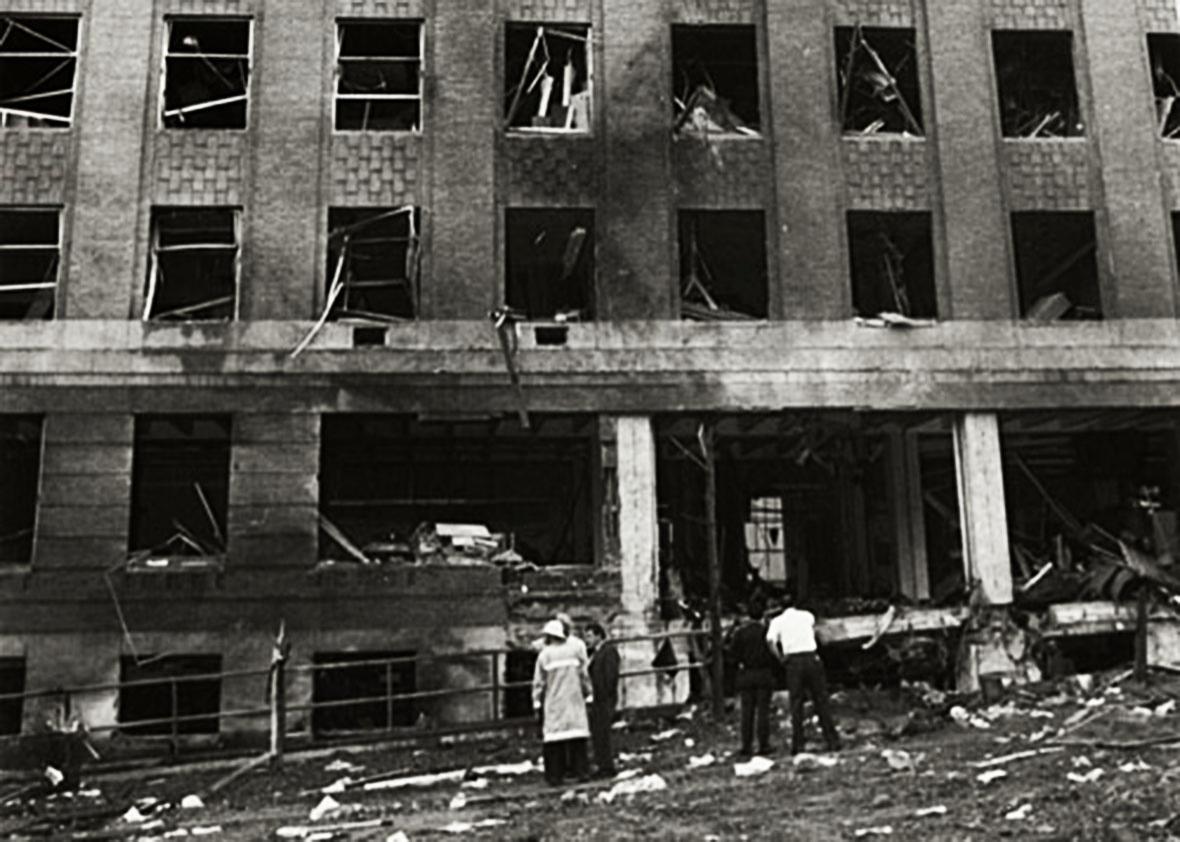 Photograph taken after the 1970 explosion targeting the Army Mathematics Research Center (AMRC) at the University of Wisconsin-Madison campus.