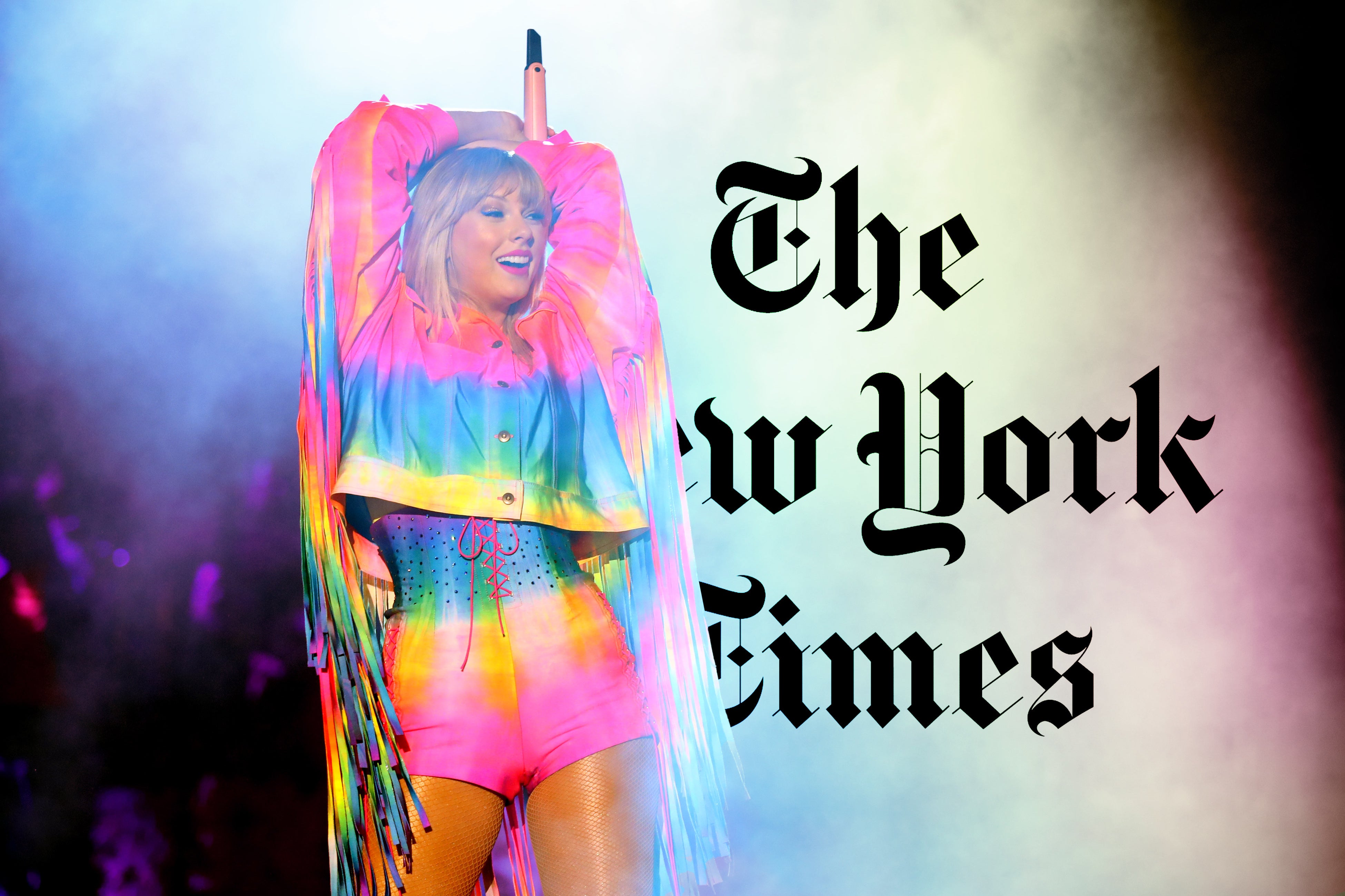 Taylor Swift in a rainbow outfit next to the New York Times logo. 