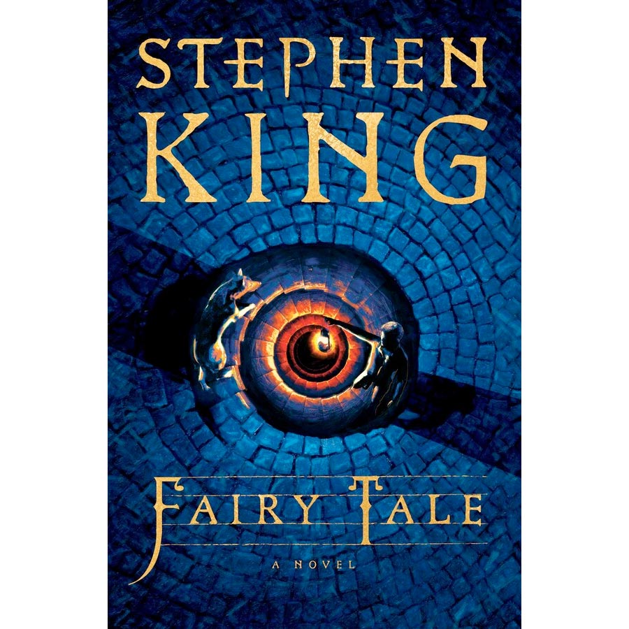 The cover of Fairy Tale looks down from above into a stone staircase leading downward in a long spiral, a boy's lantern lighting the way on a blue night, and his dog lit by the fiery glow and walking down with hi,