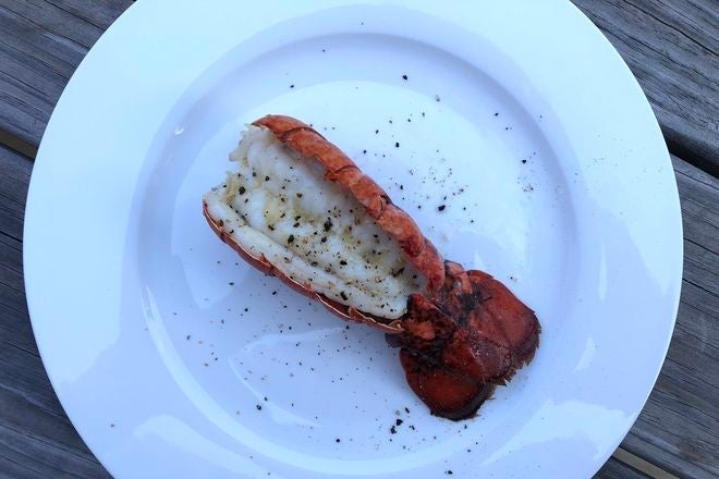 Cooked lobster tail meat up on a plate.