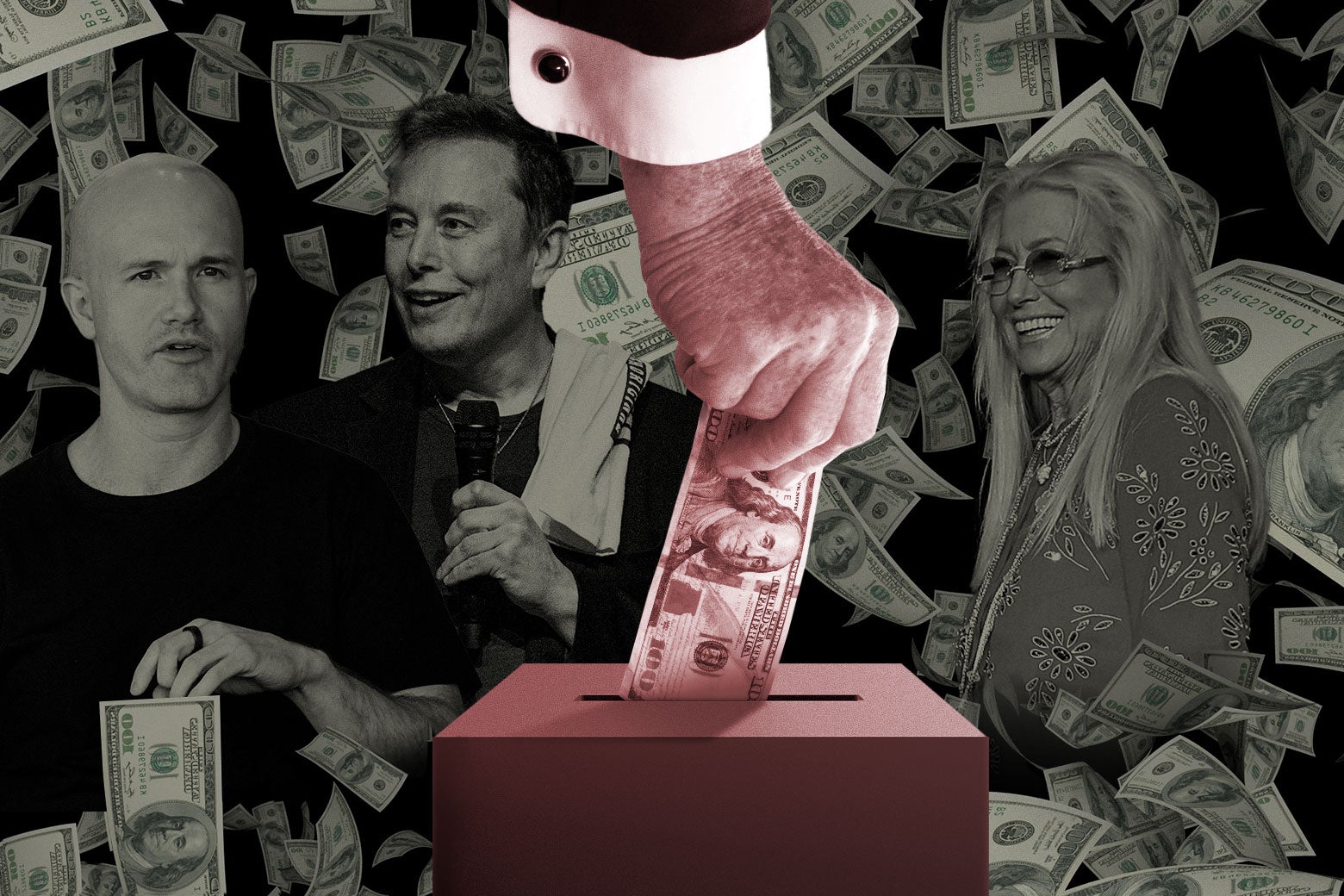 A man's hand putting money into a ballot box.