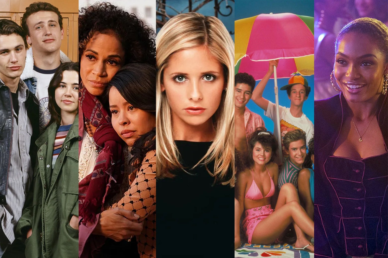 Collage with Freaks and Geeks, Good Trouble, Buffy the Vampire Slayer, Saved by the Bell, Grown-ish.