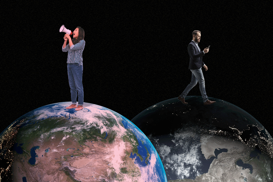 A progressive woman with a megaphone stands on literally a different planet from a conservative-looking man wearing a blazer and scrolling his phone.