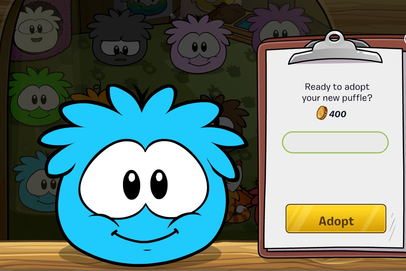 A round, furry, blue cartoon creature with big eyes. A clipboard next to it says "Are you ready to adopt your new puffle? 400 coins."