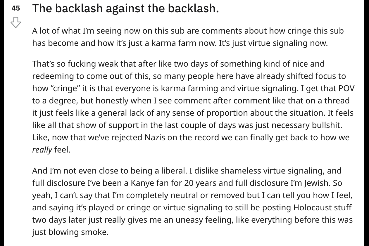 An r/Kanye post titled "The backlash against the backlash."