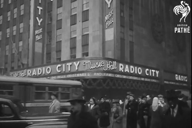 An exterior shot of Radio City Music Hall from the 1940s.