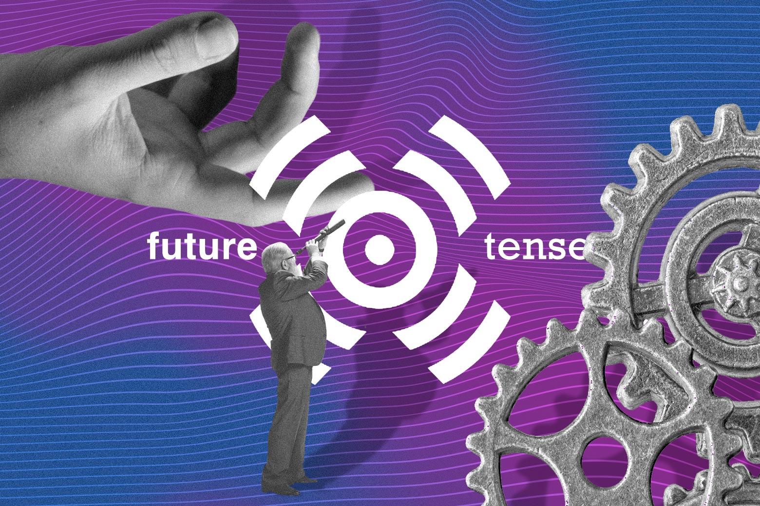 A man with a telescope and gears surrounds the Future Tense logo. 
