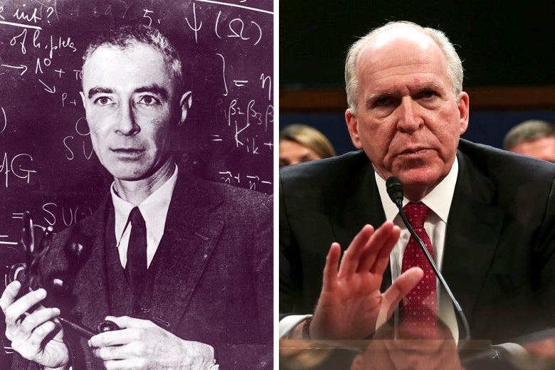 Robert Oppenheimer in front of a chalkboard, and John Brennan testifying before Congress.