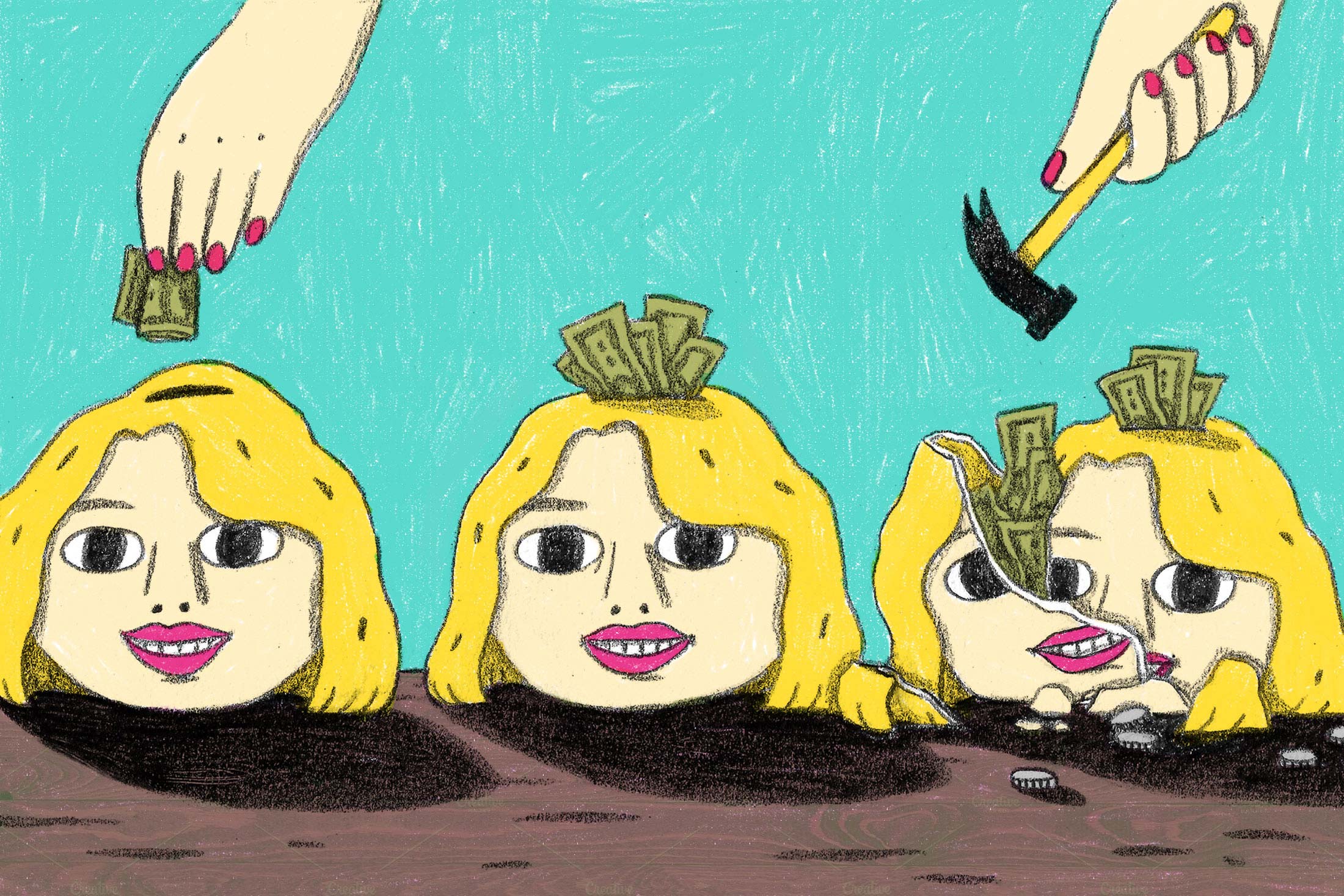 Three ceramic heads in a row, a progression from one having money placed inside a slot to being shattered open with a hammer revealing many dollar bills.