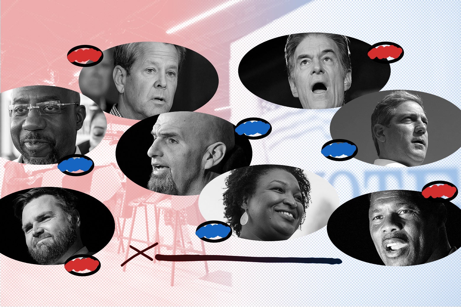 An illustration featuring the faces of many prominent candidates running in the 2022 midterms election.