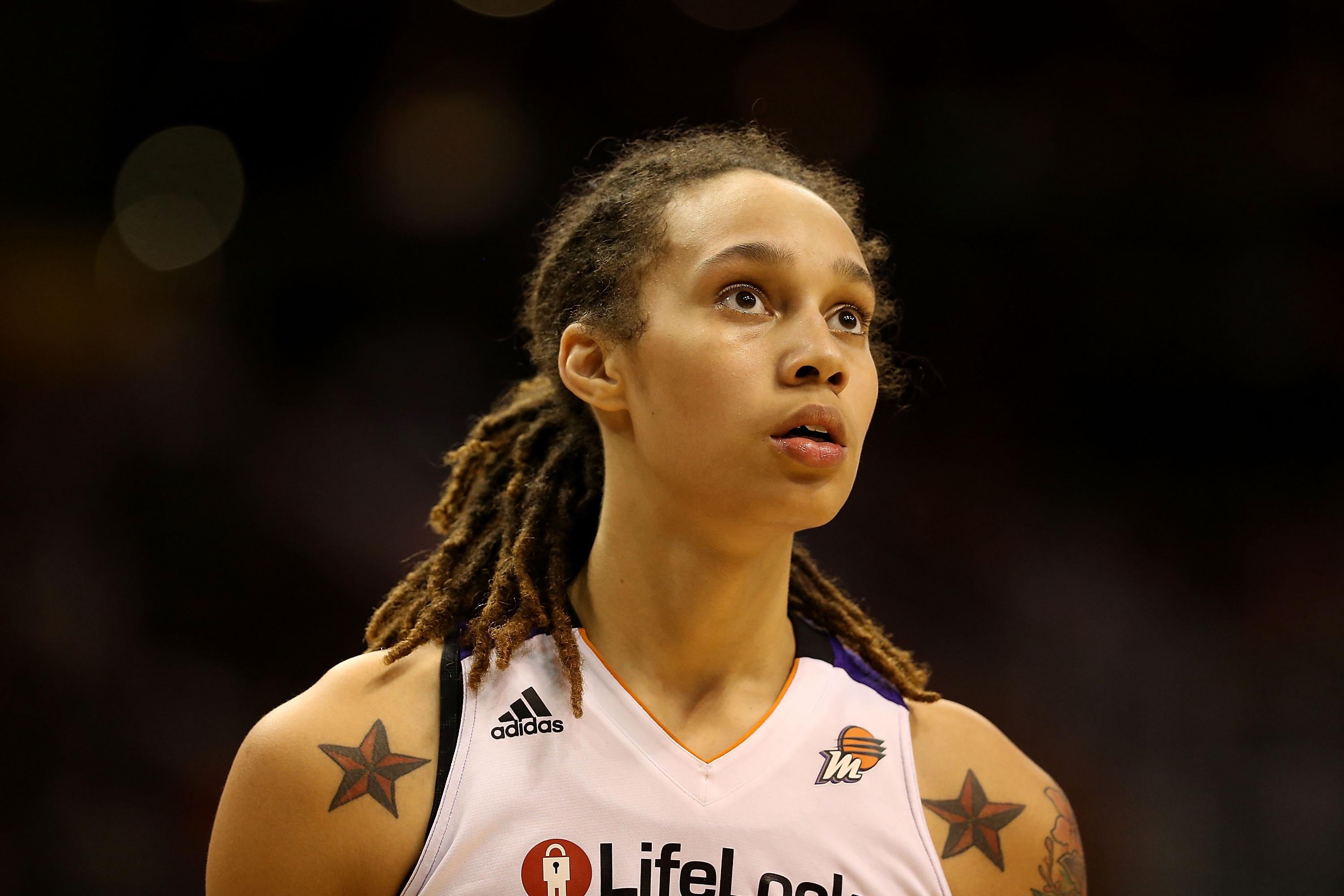Brittney Griner of the Phoenix Mercury looks on during Game Two of the WNBA semifinal playoffs against the Los Angeles Sparks.