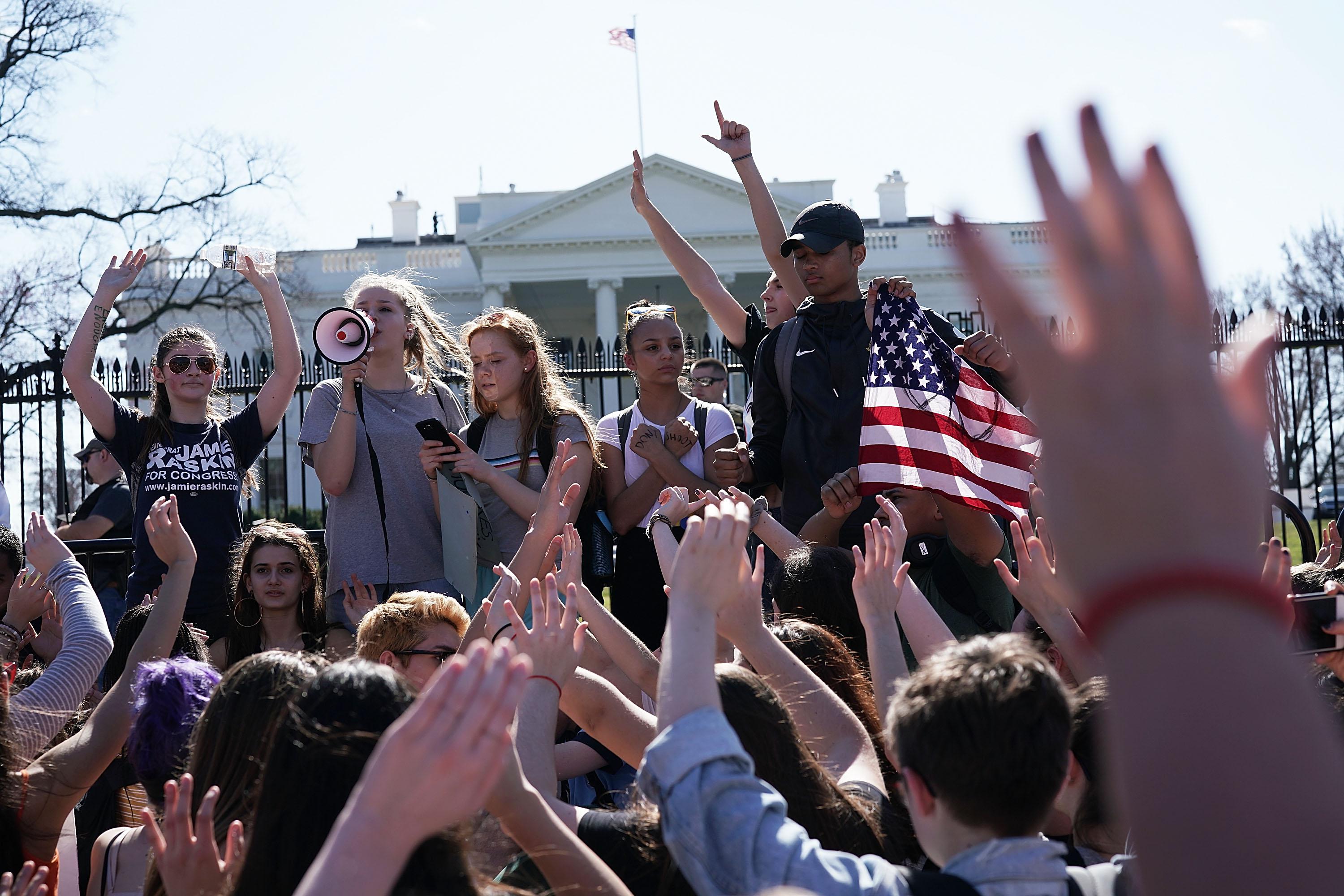 Students protest gun violence outside the White House.