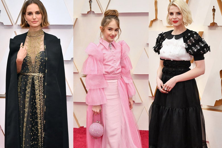 Collage of Natalie Portman, Julia Butters, and Lucy Boynton on the red carpet.