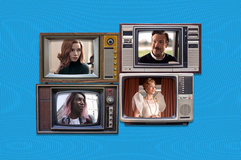 Four box TVs stacked two by two show scenes from The Queen's Gambit, Ted Lasso, Mrs. America, and I May Destroy You.