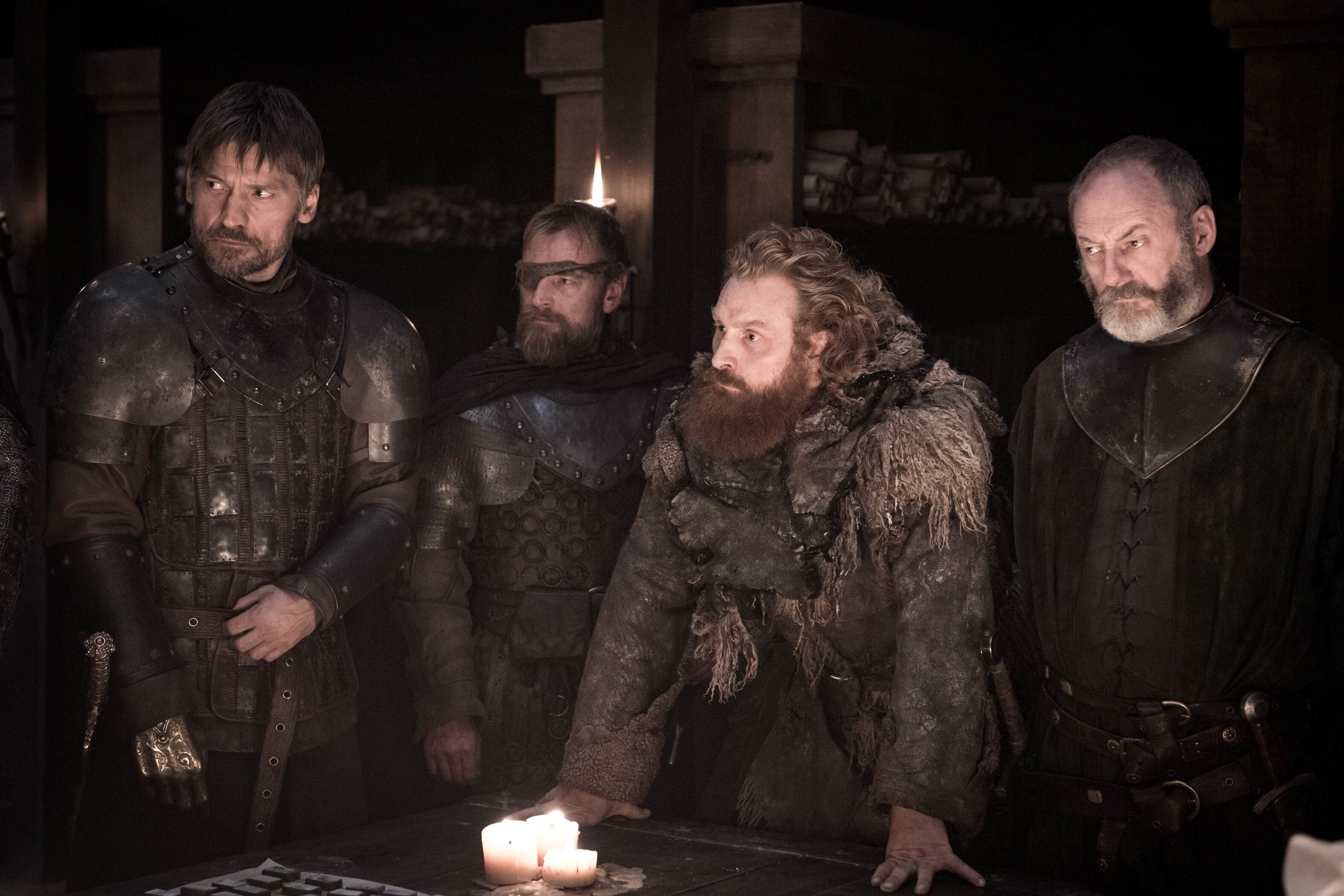 Jaime Lannister, Berric Dondarion, Tormund Giantsbane, and Ser Jorah gather at Winterfell