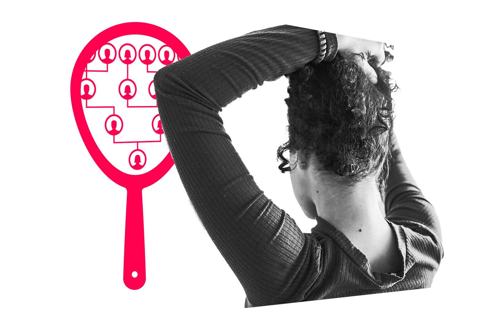 A woman fixing her hair, looking into a graphic mirror that depicts a family tree.