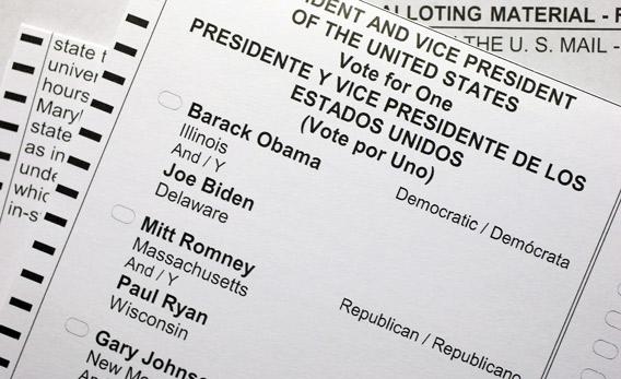 A U.S. citizen's 2012 United States presidential election absentee ballot shows the names of candidates Barack Obama and Mitt Romney.