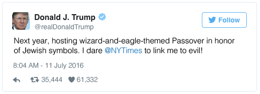 Next year, hosting wizard-and-eagle-themed Passover in honor of Jewish symbols. I dare @NYTimes to link me to evil!